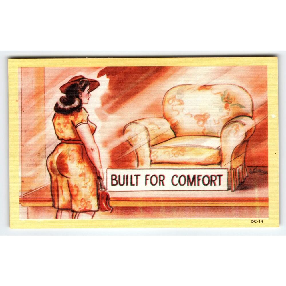 Vintage 1950s Linen Comic Postcard 'Built for Comfort' Woman & Chair